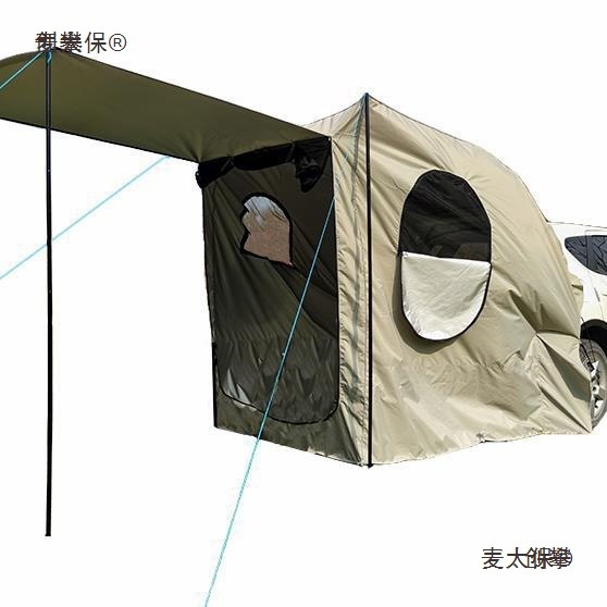 Car travel tent with extended rear, shower, sun protection, trunk-mounted, for camping, barbecue, and roof travel