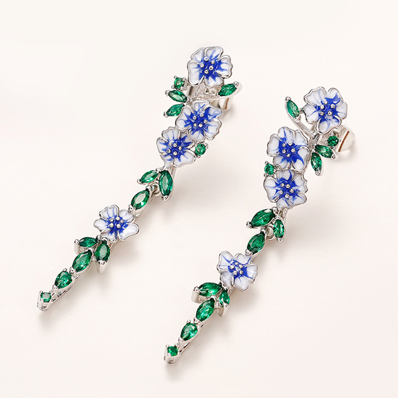 Flower Pattern Women'S Gender 1 Pair Fairy Style Retro Flower Enamel Inlay Copper Zircon Drop Earrings