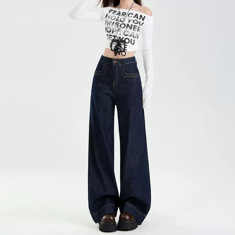 丹宁蓝高腰窄版阔腿牛仔裤女2024秋季百搭宽松显瘦垂感拖地裤依春