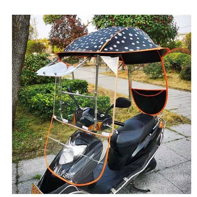 Elektromobil üçün ön şüşə çətiri (günlük) — shield, new two-wheeled model - high-definition-sliding-window-sun-protection-tarpaulin-jacquard-black-dots-rain-curtain-the-car-has-a-rearview-mirror