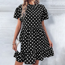 预售92036#亚马逊跨境女装 短裙短袖时尚小白点连衣裙