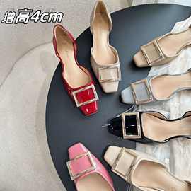 增高4CM金属方扣中空凉鞋女夏季外穿2025新款小香风方头平底单鞋