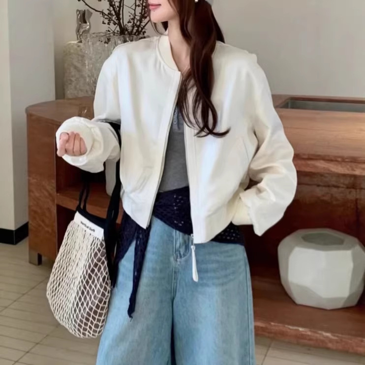 Korean-Style Satin Design Stand-Collar Baseball Jacket for Women, 2026 Spring New Loose Fashion Versatile Jacket Top