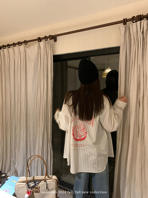 aaaaxbbb 诺尔赫斯港口 刺绣印花黑白衬衫格子条纹衬衣棉麻上衣女|undefined