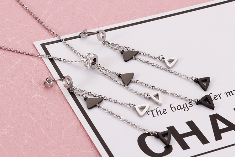 Korean geometric triangle long tassel necklace earrings ladies stainless steel jewelry set wholesale