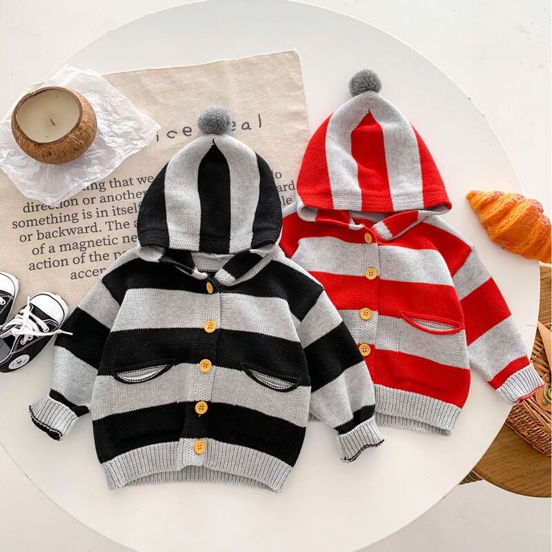 2026 New Foreign Trade Children's Clothing for Boys and Girls, Baby Sweater, Knitted Cardigan, Elf Hat, Color-Blocked Striped Knitted Jacket