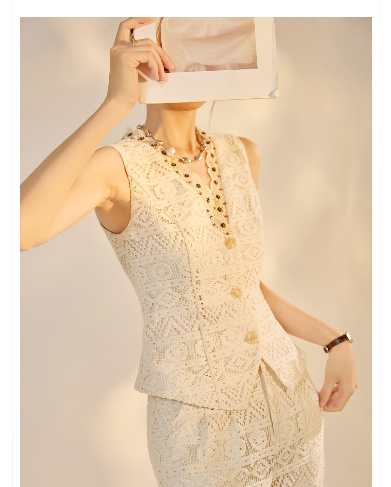 Bộ vest quần dài nữ cổ chữ V khoét lỗ phong cách retro cao cấp mùa hè 2026 — Quần dài, Vest [có dây ruy băng] chi tiết 9