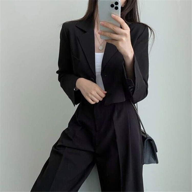 新品2022春夏秋季网红休闲英伦风小西套装女士短款韩版西服上衣详情16
