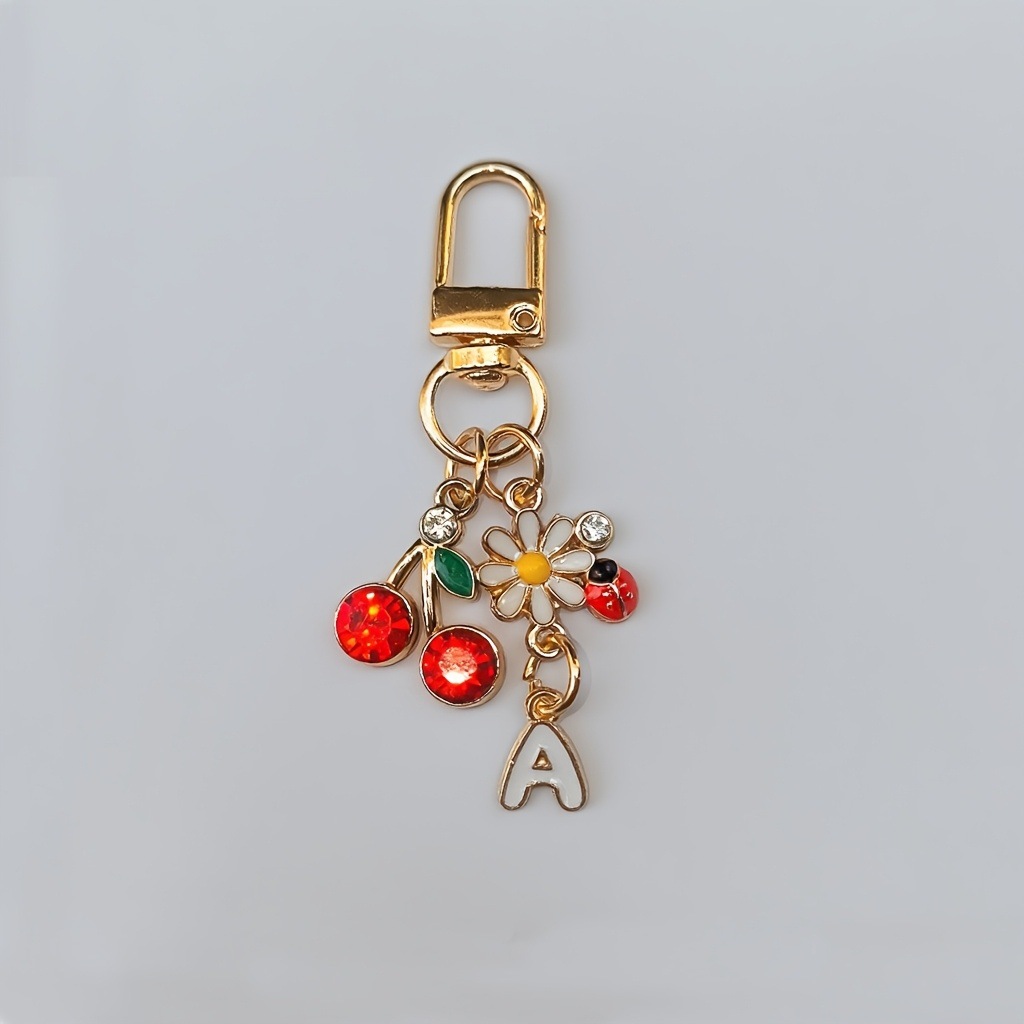 1 piece Ashion cute flower cherry alphabet keychain - A-Z letter accessories, red cherry, sparkling