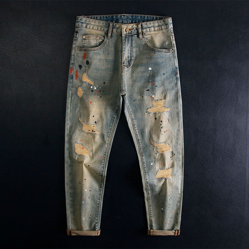High-End Ripped Jeans with Splash Paint Design, Slim Fit, Stretchy, Trendy, Original American Retro Style, Cropped Pants for Men, Spring and Summer