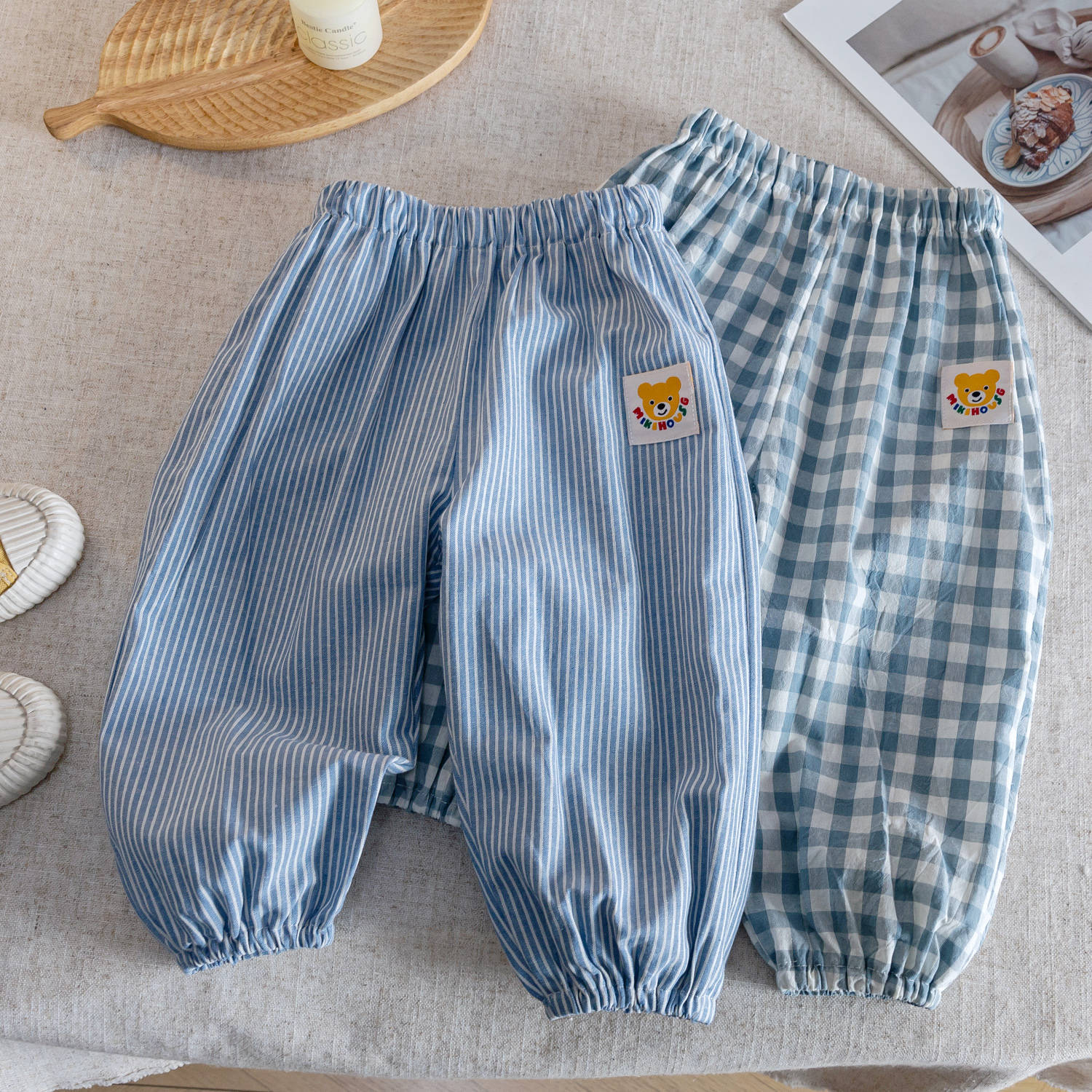 Children's Summer Thin Pants Boys Casual Pants Japanese Cartoon Versatile Striped Plaid Mosquito-Proof Pants Baby Long Pants