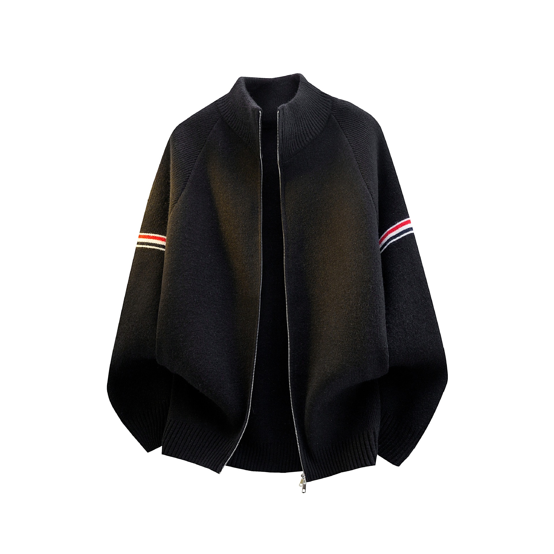 American color contrastante rayas de cuello cardigan suéter hombre y mujer otoño invierno retro sensación alta doble cremallera chaqueta de punto