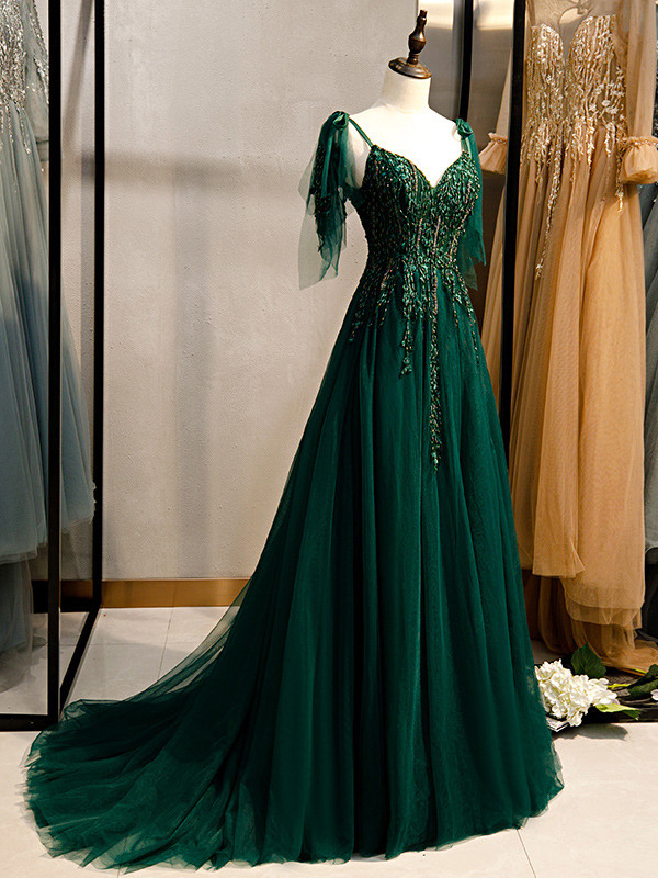 Vestido de noche para banquete 2005 nuevo pequeño tren elegante vestido de fiesta vestido de noche verde oscuro Envío Directo