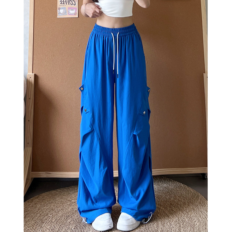 American-Style Klein Blue Quick-Dry Work Pants for Women, Summer New High-Waisted Slimming Loose Straight-Leg Sports Casual Pants