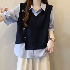 2025新款大码女装设计mm夏季两件拼接衬衫短袖遮肚子显瘦上衣无袖