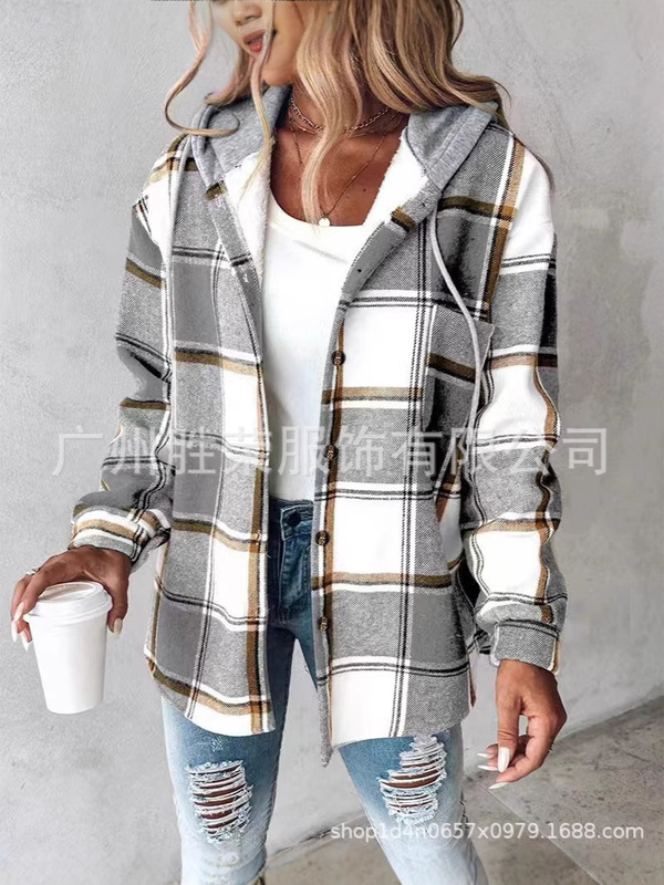 2025 新しいクロスボーダー外国貿易ヨーロッパとアメリカの服アマゾン秋冬ホットスタイル大きなチェック柄プリントフード付きジャケット|undefined