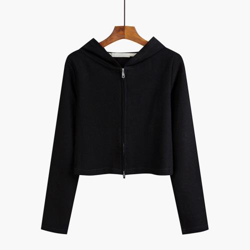 Women's Hooded Short-Sleeve Sweatshirt with Double-Zipper, Slim Fit, Discreet Color, Korean Style, Hooded Open Jacket, Fashionable and Stylish