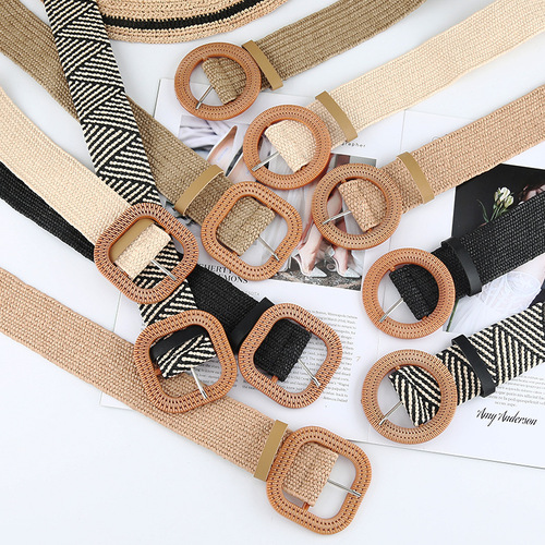 New Korean style cotton and linen PP straw woven belt for women with round square buckle dress gown decorative belt