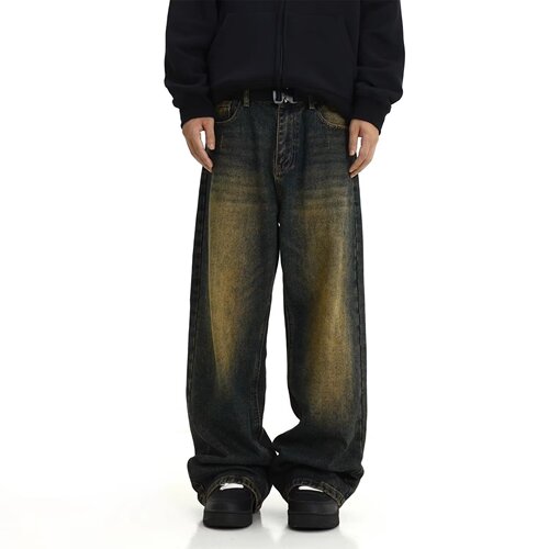 Vintage, washed jeans, men's, American high street, yellow mud dyed, mop mop daddy pants, street loose straight pants