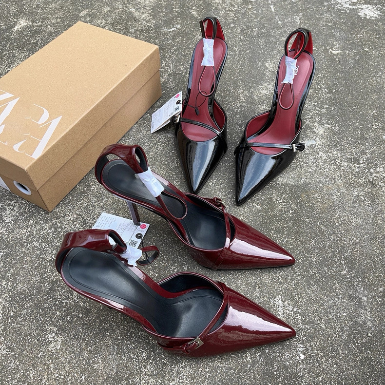 Za25 New Autum Women's Shoes Burgundy Patent Leather Pointed Toe Shallow High Heels Mule Shoes One-Line Buckle Thin Strap High Heels