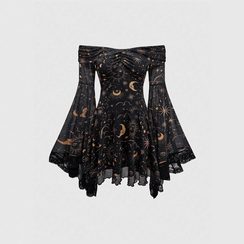 Gothic Round Neck Retro Mysterious Star and Moon Coat Long-Sleeved All-Over Short-Sleeved Printed Bell-Sleeve A-Line Dress