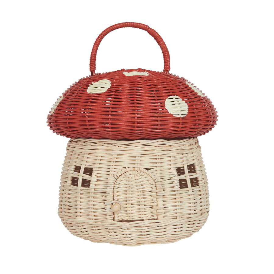 INS estilo hecho a mano ratán en forma de seta cesta de almacenamiento accesorios de tiro para niños bolsa de mano cesta decoraciones de la habitación de los niños