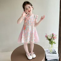 Летнее платье Cheongsam для девочек Детская китайская сетка красная Принцесса юбка Baby Tang наряд 2025 новая летняя юбка