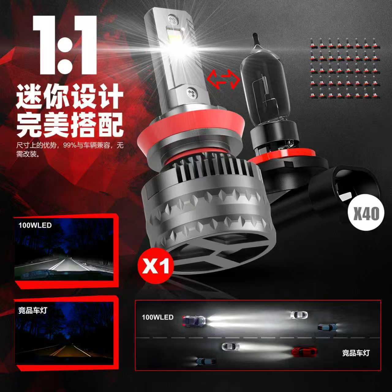 Cross-Border Supply of Automotive Led Headlights H7 H1 H4 9005 9012 Super Bright 100W High Power Headlights