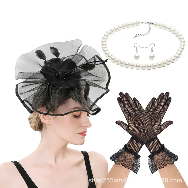 European and American Retro Mesh Banquet Hat Bridal Feather Flower Hair Accessories Off-White Exaggerated Catwalk Dress Headdress