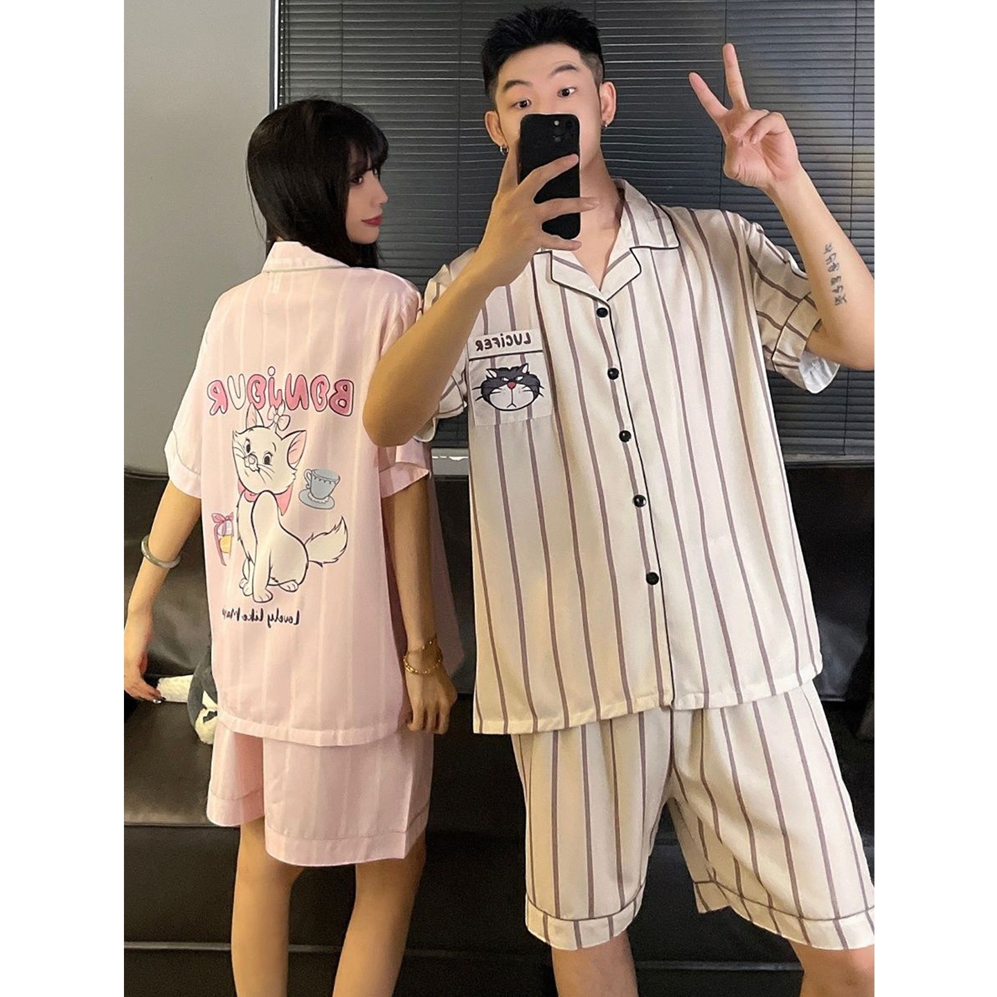 夏季新款情侣冰雪丝短袖短裤两件套卡通印花翻领开衫家居服可外穿