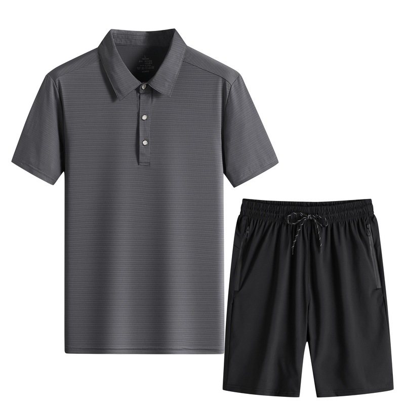 Comercio exterior polo para hombres 2026 nuevo seda de hielo secado rápido transpirable piel de mangas cortas pantalones cortos deportivos delgados dos piezas
