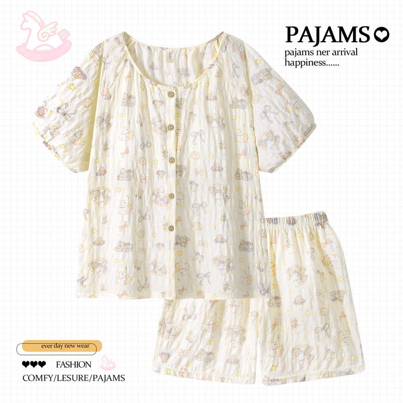 Cute Japanese-Style Bunny Pajamas for Girls, Summer Cloud Cotton Short-Sleeve Shorts, Summer Thin Round-Neck Loungewear for Young Women