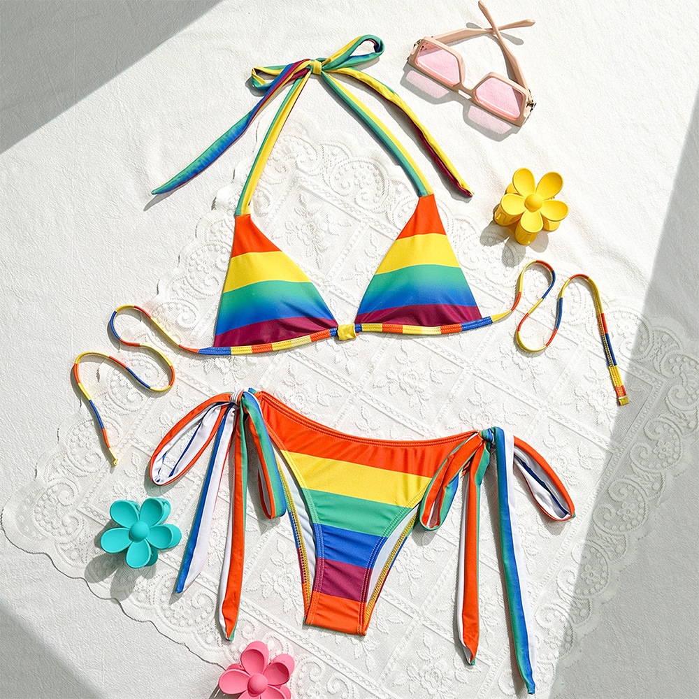 Bikini a righe arcobaleno – Costume da bagno sexy a vita alta (taglie S-L, poliestere-spandex, senza ferretto, per spiaggia e piscina)_voghion.com