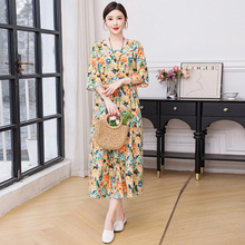 2025新款棉绸连衣裙夏季女时尚人造棉宽松大码外穿中长款印花裙子