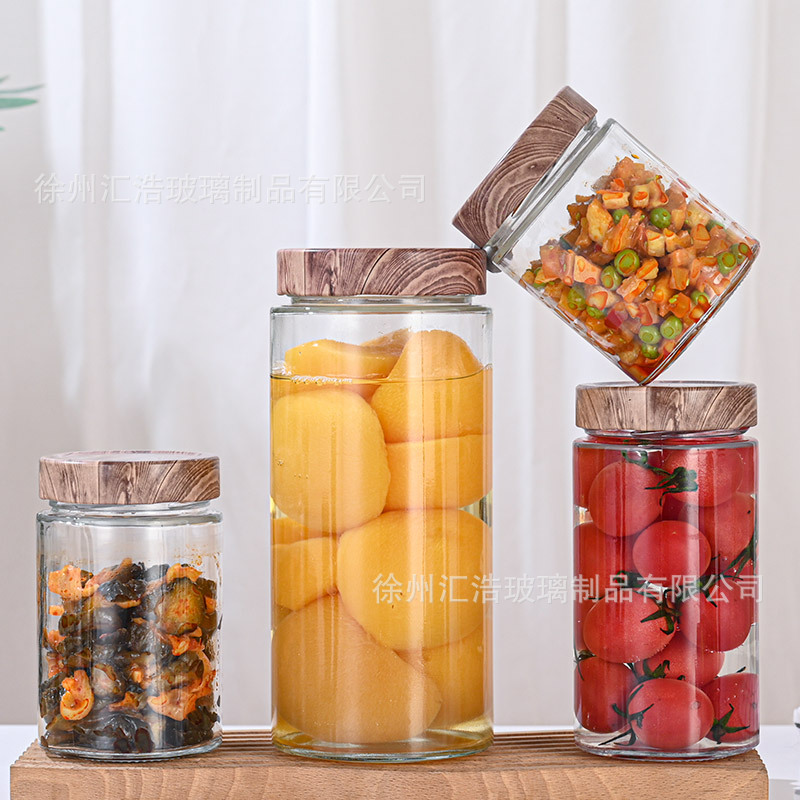 New Style Wood Grain Lid Transparent Glass Sealed Jar Kitchen Storage Jar Pickle Jar Canning Jar Grain and Dry Goods Storage Jar