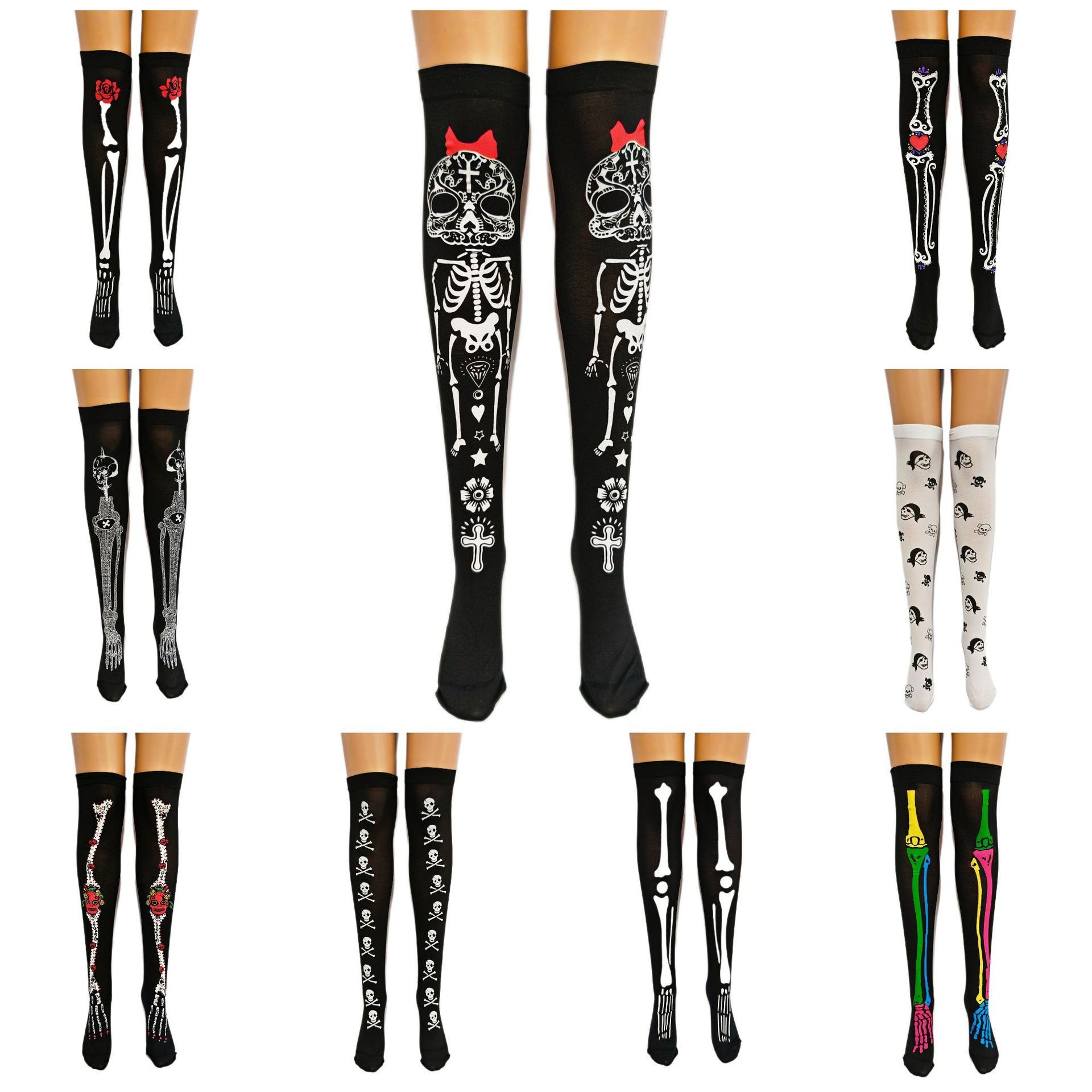 万圣节夜光骨架长筒袜子鬼节必备骷髅彩色印花过膝袜角色扮演丝袜