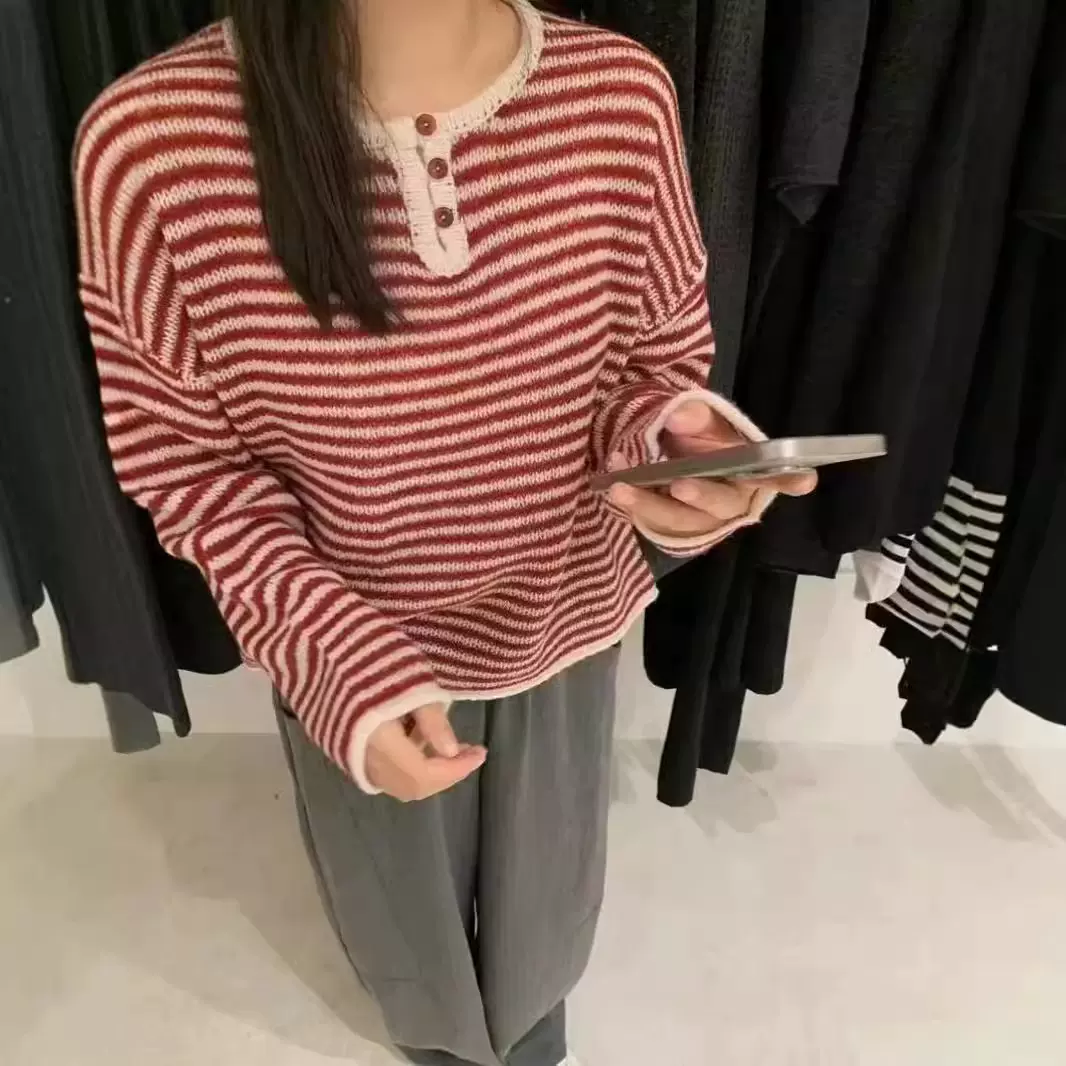秋季韩系新款宽松圆领长袖针织衫2024慵懒条纹打底毛衣上衣