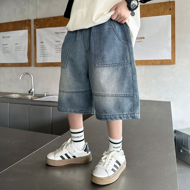 Boys' Summer Rhole Denim Shorts Thin 2025 New Children's Casual Big Boy's Five-point Pants Trendy Mid-length Pants