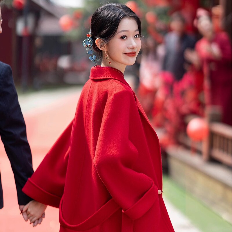 Wedding red coat women's water ripple woolen double-sided wool autumn and winter high sense new bridal woolen coat