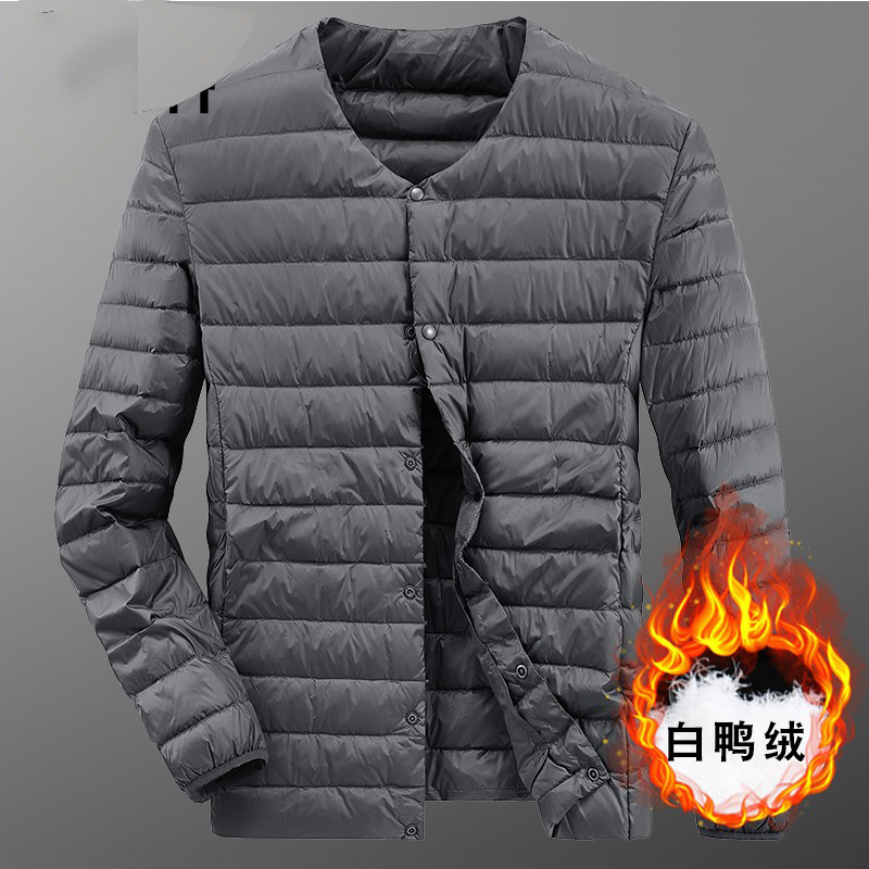 Chaqueta de plumón ligera transfronteriza para hombres y mujeres de otoño y invierno, chaqueta de abrigo caliente sin cuello, revestimiento de plumón ligero inferior se puede abrir