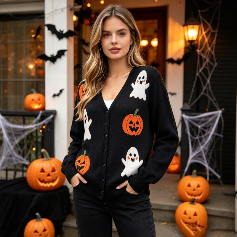 European and American cross-border Halloween-themed pumpkin lantern sweater cardigan, autumn and winter European and American style V-neck long-sleeve women's clothing supply