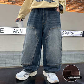 男童冬季加绒牛仔裤2025新款大儿童装运动休闲加厚保暖工装长裤子