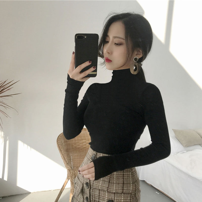 가을과 겨울 새로운 하이 칼라베이스 셔츠 탑 여성용 꽉 끼는 슬림 슬리밍 컬러 퓨어 블랙 내부 긴 소매 티셔츠