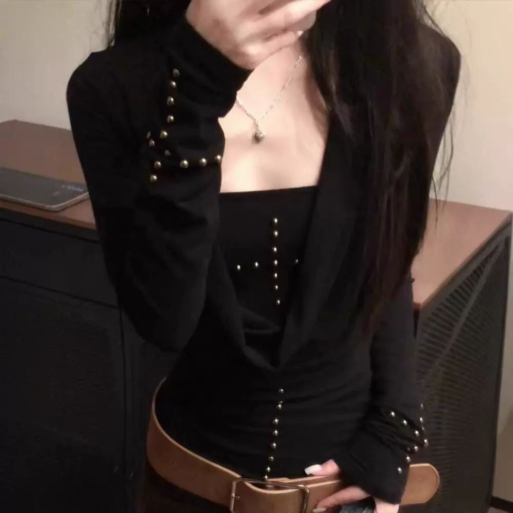 美式y2k辣妹荡领长袖t恤女春秋黑色修身铆钉上衣叠穿抹胸两件套装