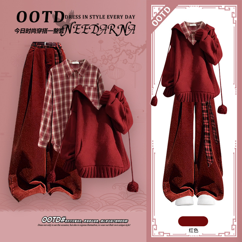 Beautiful Red Sweater Winter High-End College Style Christmas Age-Reducing Hooded Sweater Sweater Wholesale Beautiful Red Sweater Winter High-End College Style Christmas Age-Reducing Hooded Sweater Sweater Wholesale