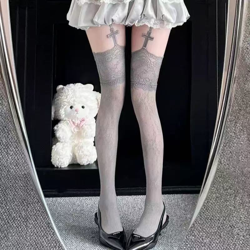 Vintage Lace Over-The-Knee Garter Stockings, Thin Dark Gothic Style Over-The-Knee Fishnet Stockings, Cross Lace Trim Long Stockings Vintage Lace Over-The-Knee Garter Stockings, Thin Dark Gothic Style Over-The-Knee Fishnet Stockings, Cross Lace Trim Long Stockings