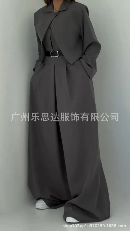 现货中东亚马逊独立站欧美跨境女装露肩连体裤夹克式外套通勤套装|undefined
