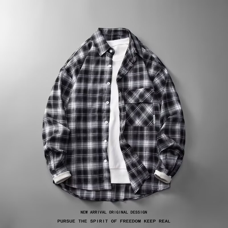Couple's Shirt Black Grey Plaid Jacket for Men and Women American Style Retro High-end Feeling Reffish Handsome Autumn and Summer Casual All-match Shirt