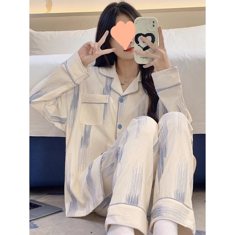 잠옷 여성의 봄과 가을 카디건 긴 소매 바지 달콤한 귀여운 2023 새로운 INS 스타일 기숙사 홈 세트