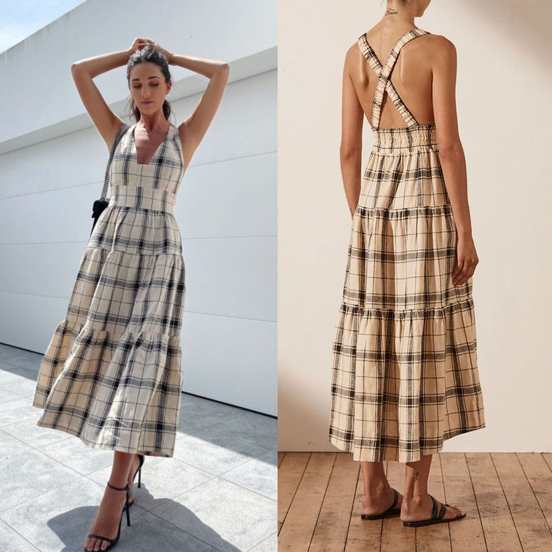 Europe and the United States cross-border Women's 2022 spring and summer new plaid printed backless suspender A- line skirt dress Europe and the United States cross-border Women's 2022 spring and summer new plaid printed backless suspender A- line skirt dress